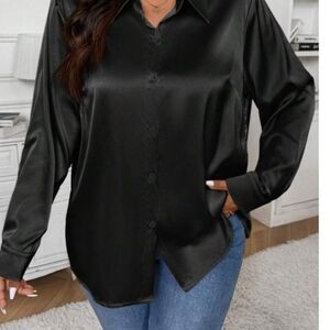 Shein 4XL Plain Solid Black Polyester Long Sleeve Button Down Womens Dress Shirt